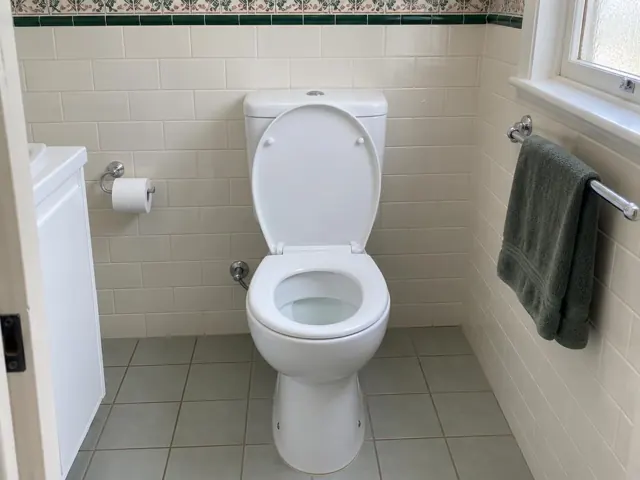 Clean white toilet in a tiled bathroom with towel rails and a window in Harris Park