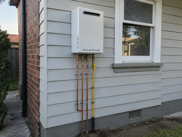 Wall-mounted hot water unit with copper pipework beside a house window on weatherboard siding in Granville